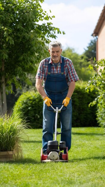 Middle aged man houseowner cutting grass with weed cutter on his grassy lawn