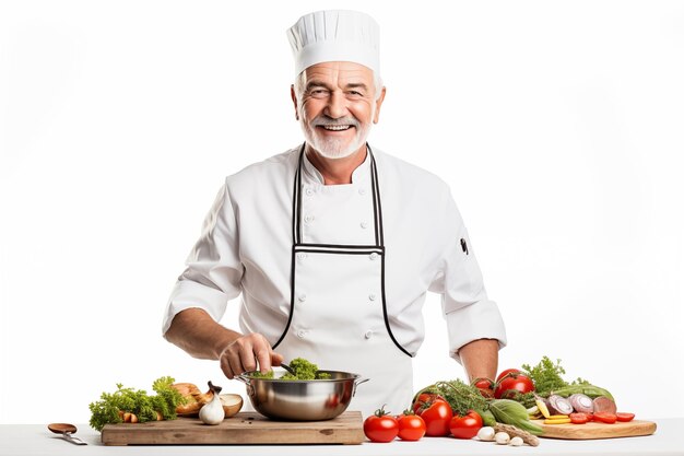 Middle aged man over isolated white background in chef uniform