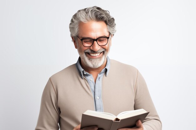 Middle aged man over isolated white background holding a book