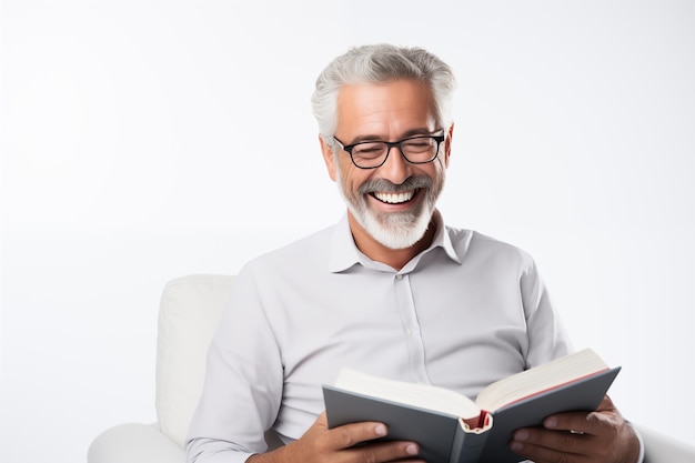 Middle aged man over isolated white background holding a book