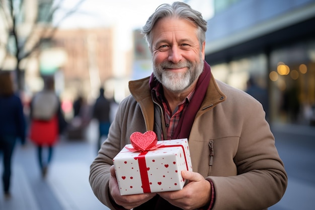 Middle aged man in the middle of the city holding a gift