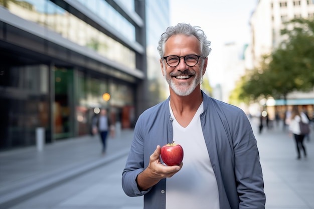 Middle aged man in the middle of the city with an apple