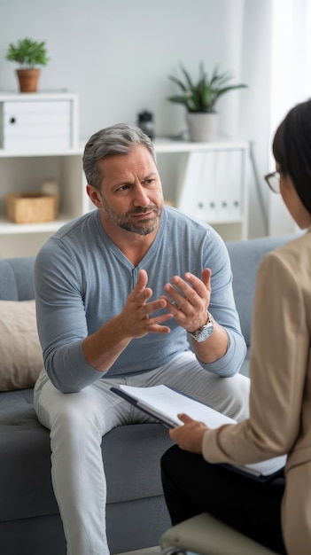 Middle aged man problem therapy handsome man is sitting on couch and talking to the psychologist ps