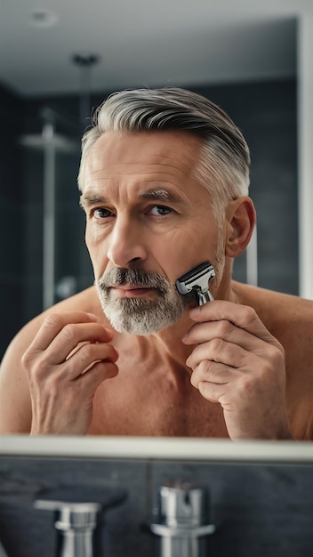 Photo middle aged man shaving beard with electric razor in bathroom interior cropped shot