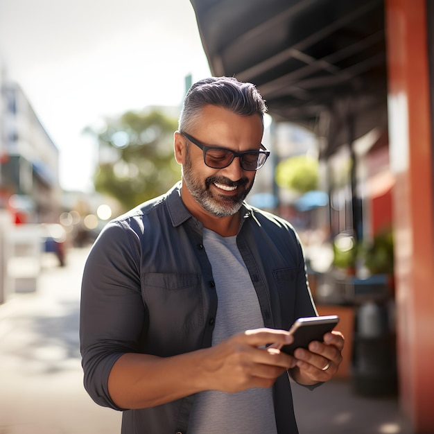 Middle aged man smiling while looking at his phone on the street in broad daylight