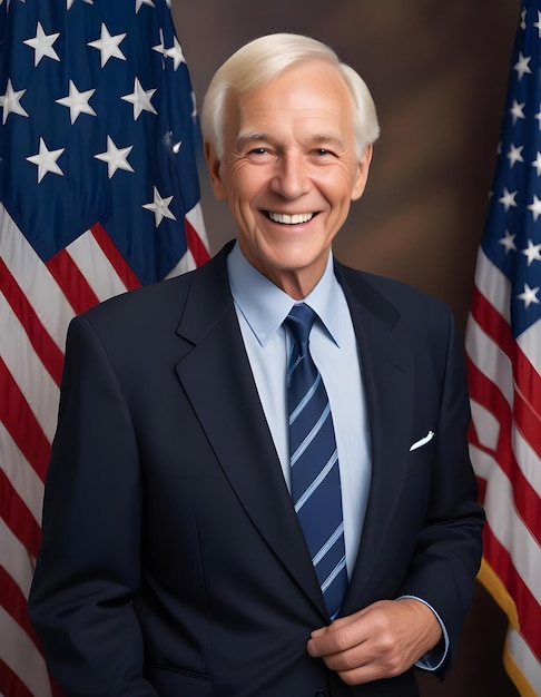 Photo a middle aged man wearing a dark suit and red tie surrounded by american flags