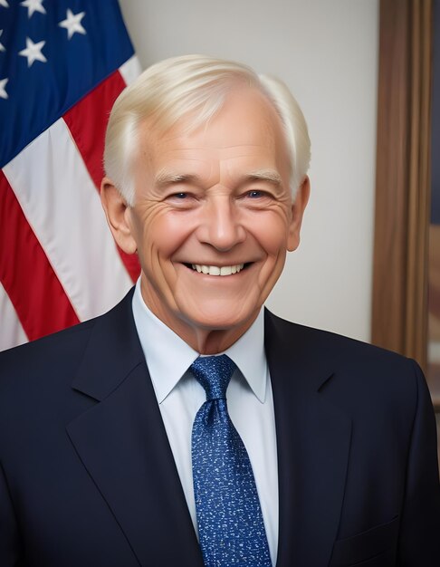 Photo a middle aged man wearing a dark suit and red tie surrounded by american flags