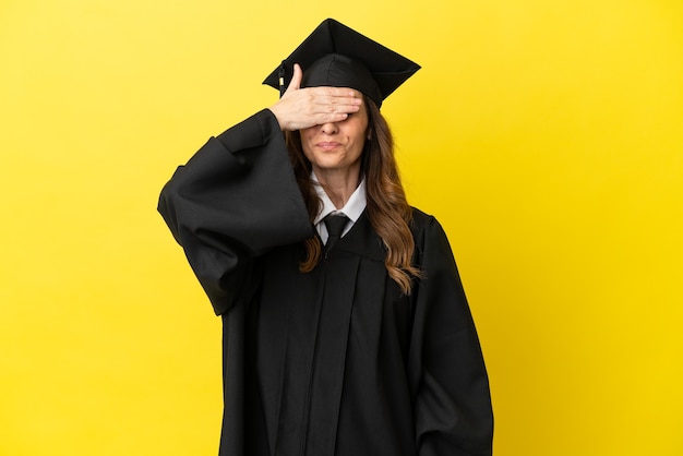 Middle aged university graduate isolated on yellow background covering eyes by hands. Do not want to see something