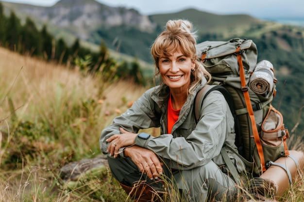 Photo middle aged woman enjoying nature and slow life outdoors