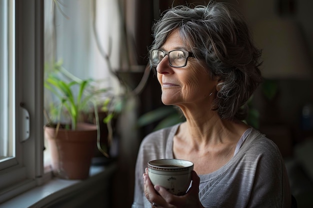 A Middle aged woman holding cup of coffee looking