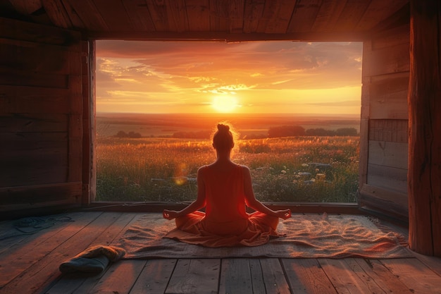 Middle aged woman practices yoga in garden view room at dawn