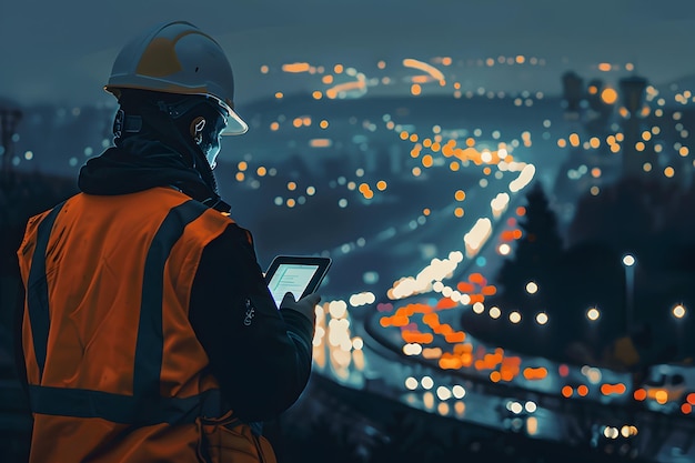 Photo middle aged worker examining digital tablet on illuminated highway at night