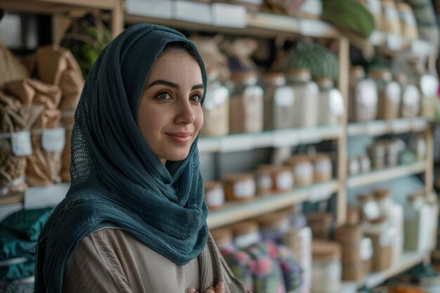 Middle eastern business owner woman in her shop in front of her products