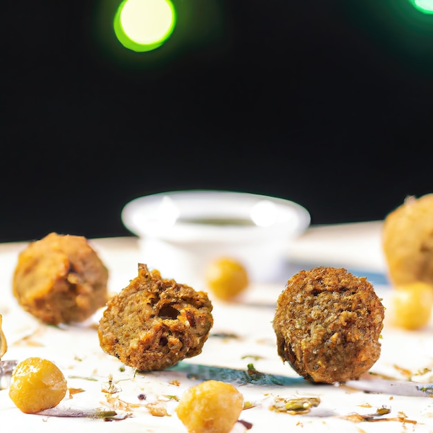 MIDDLE EASTERN FALAFEL product shot, black bokeh background premium photo