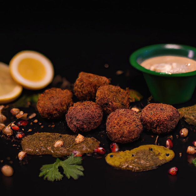 MIDDLE EASTERN FALAFEL product shot, black bokeh background premium photo