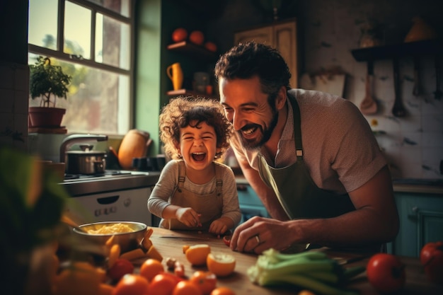 middle eastern father laughing and cooking with toddler baby