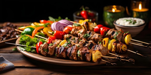 Photo middle eastern feast grilled lamb and chicken kebab skewers concept middle eastern cuisine grilled lamb chicken kebabs feast skewers