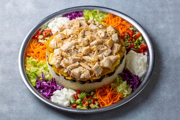 Middle Eastern food culture, Turkish cuisine; type of pilaf, pilaf with chicken and vegetables, Turkish name; Maklube, tavuklu maklube