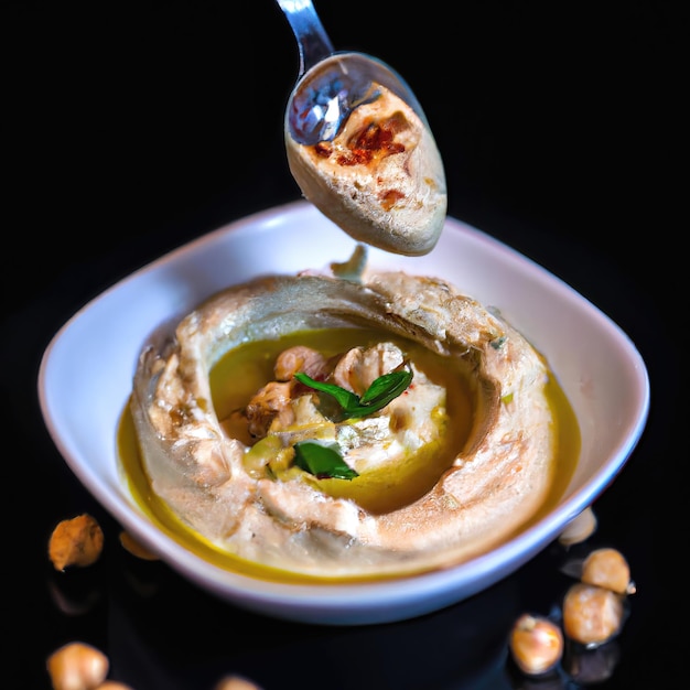 MIDDLE EASTERN HUMMUS product shot, black bokeh background premium photo