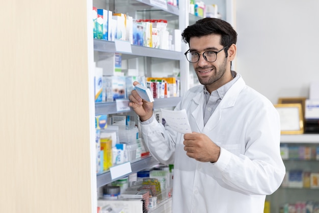 Middle eastern male pharmacist selling medications to patient in modern pharmacy