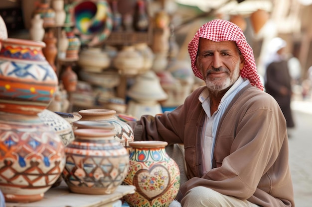 Middle Eastern Man Selling Pottery in a Market