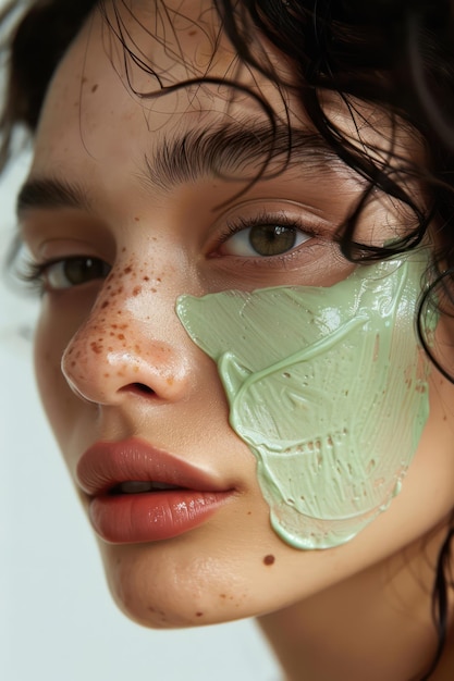 Middle Eastern model woman applies light green facial cream on her face in beauty studio with white