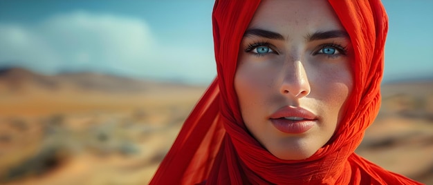 Middle Eastern Muslim woman in headscarf walking in desert making eye contact Concept Desert Walking Middle Eastern Muslim Woman Eye Contact