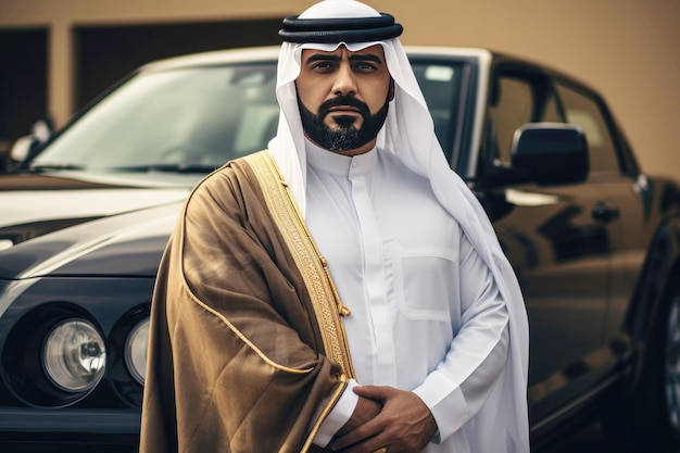 Middle Eastern prestige Arab sheikh and luxury car showcase wealth