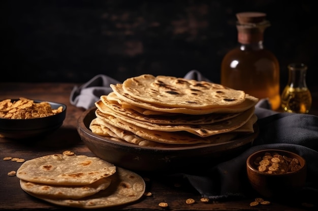 Middle Eastern snack spread with pita bread peanuts and a bottle of drink Generative AI