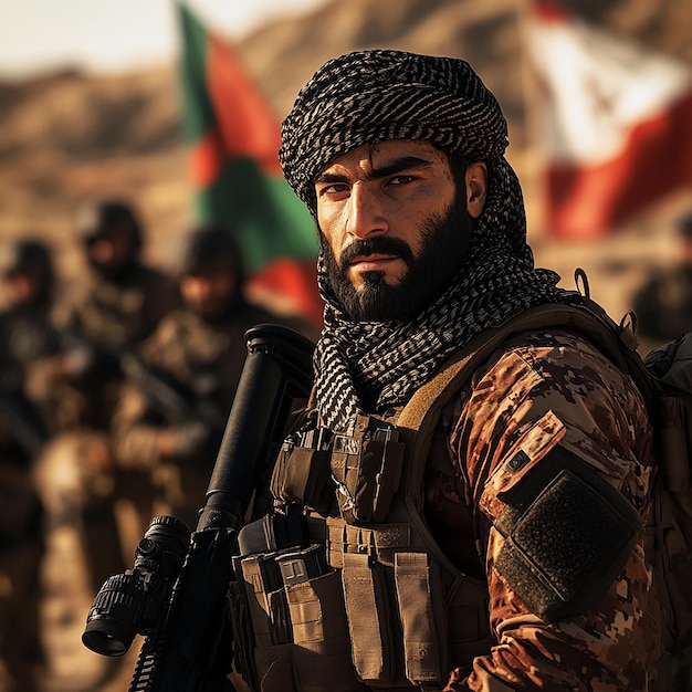 Middle Eastern Soldier Armed with Firearm Showing Courage and Determinatio