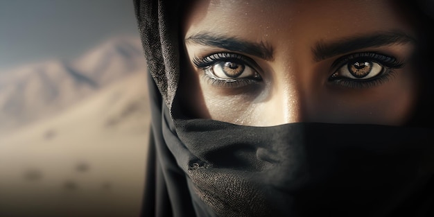 A Middle Eastern woman wearing a black niqab hijab gazes with an inquisitive and anxious expression amidst a dusty environment and bokeh mountains AIGenerated