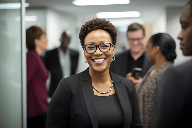 Middleaged AfricanAmerican woman in a black suit and glasses