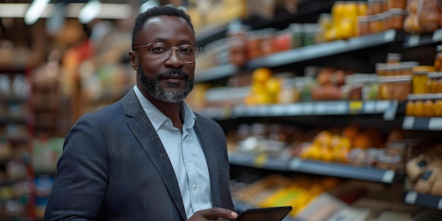 Middleaged Black man in grocery store using tablet for analyzing online sales while smiling at camera Concept Grocery Shopping Online Sales Technology Smiling Middleaged Black Man