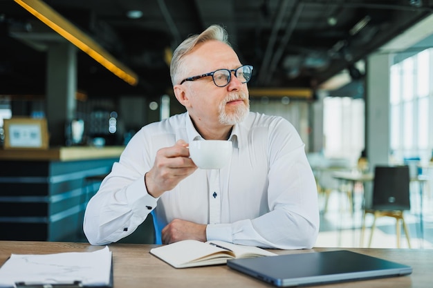 A middleaged businessman in glasses is sitting at a desk Smiling mature manager working in office