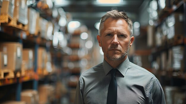 Photo a middleaged businessman in a shirt and tie stands at the warehouse looking into the camera