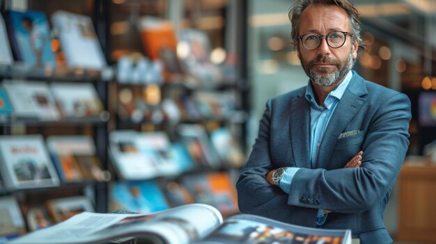 Middleaged businessman in a stylish suit standing confidently in a modern bookstore