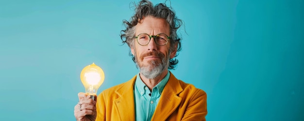 Photo middleaged caucasian man holding a lighting bulb in hands isolated on a blue studio background