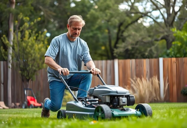 Photo a middleaged caucasian man mowing the lawn in a grassy backyard