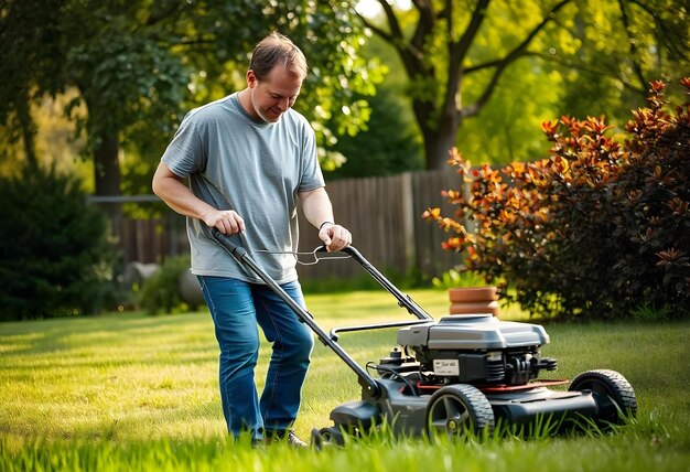 Photo a middleaged caucasian man mowing the lawn in a grassy backyard