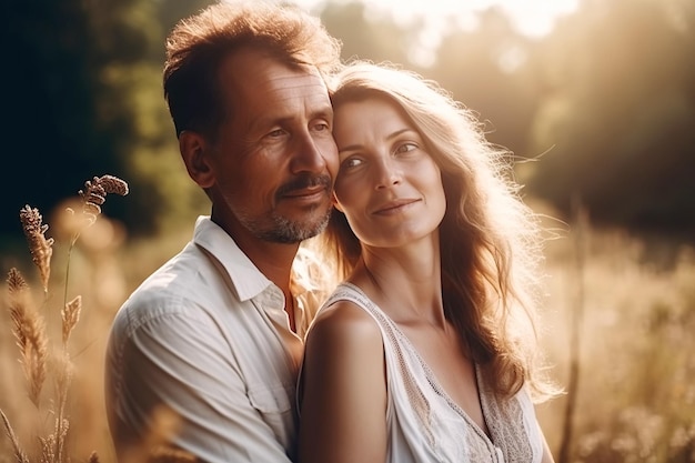 Middleaged couple in love embraces in summer in nature in field at sunset Generative AI