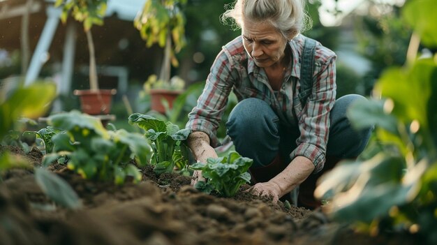 Photo middleaged experienced senior female professional gardening kneeling in the soil with a look of focus cultivating and nurturing growth outside of work