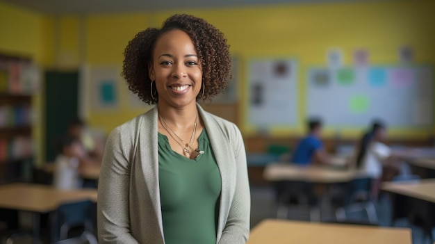 Middleaged female teacher standing against school class backgroundCreated with Generative AI technology