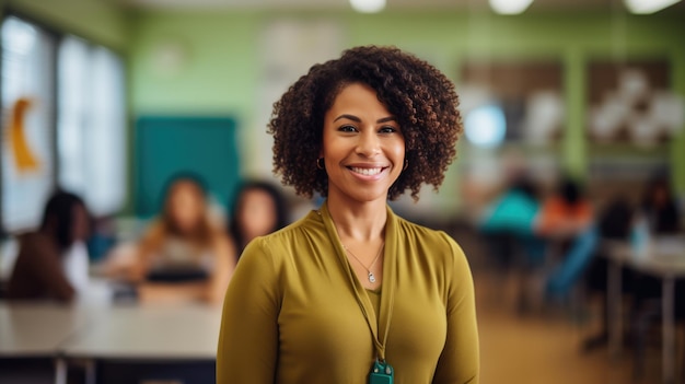 Middleaged female teacher standing against school class backgroundCreated with Generative AI technology