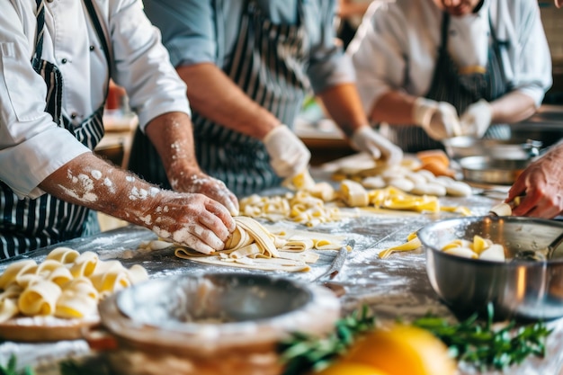 Photo middleaged friends enjoying a cooking class handson making of homemade pasta with expert guidance