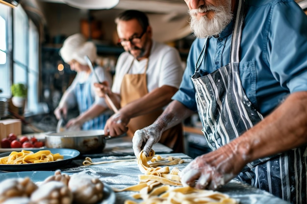 Photo middleaged friends enjoying a cooking class handson making of homemade pasta with expert guidance