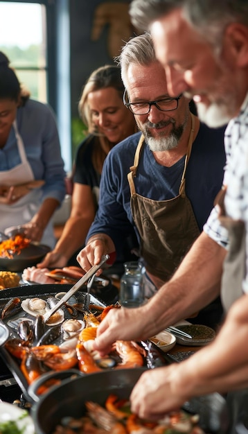 Photo middleaged friends enjoying a seafood cooking class learning fresh seafood preparation