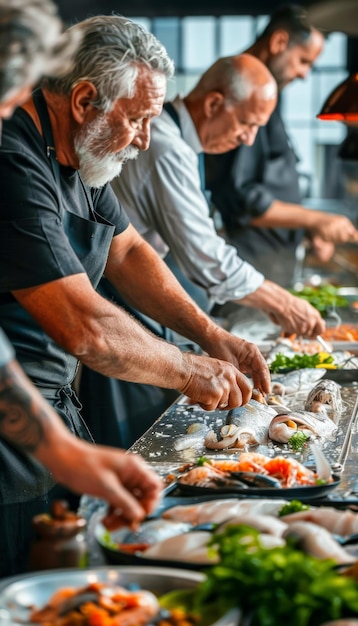 Photo middleaged friends enjoying a seafood cooking class learning fresh seafood preparation