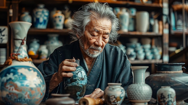 Middleaged Japanese men restoring historic artifact