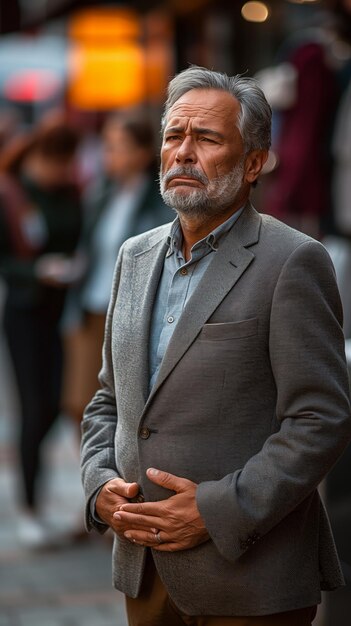 Middleaged man in business attire clutching his stomach and appearing ill while standing on the street