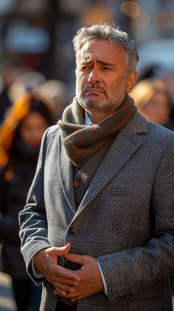 Middleaged man in business attire clutching his stomach and appearing ill while standing on the street